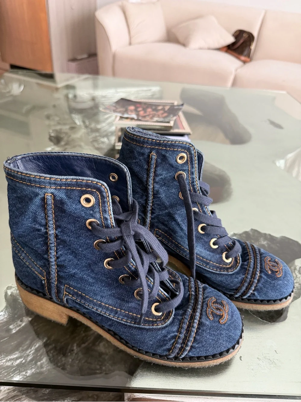 CHANEL combat Denim Lace-Up Sneakers in Dark Blue with Contrasting Stitching